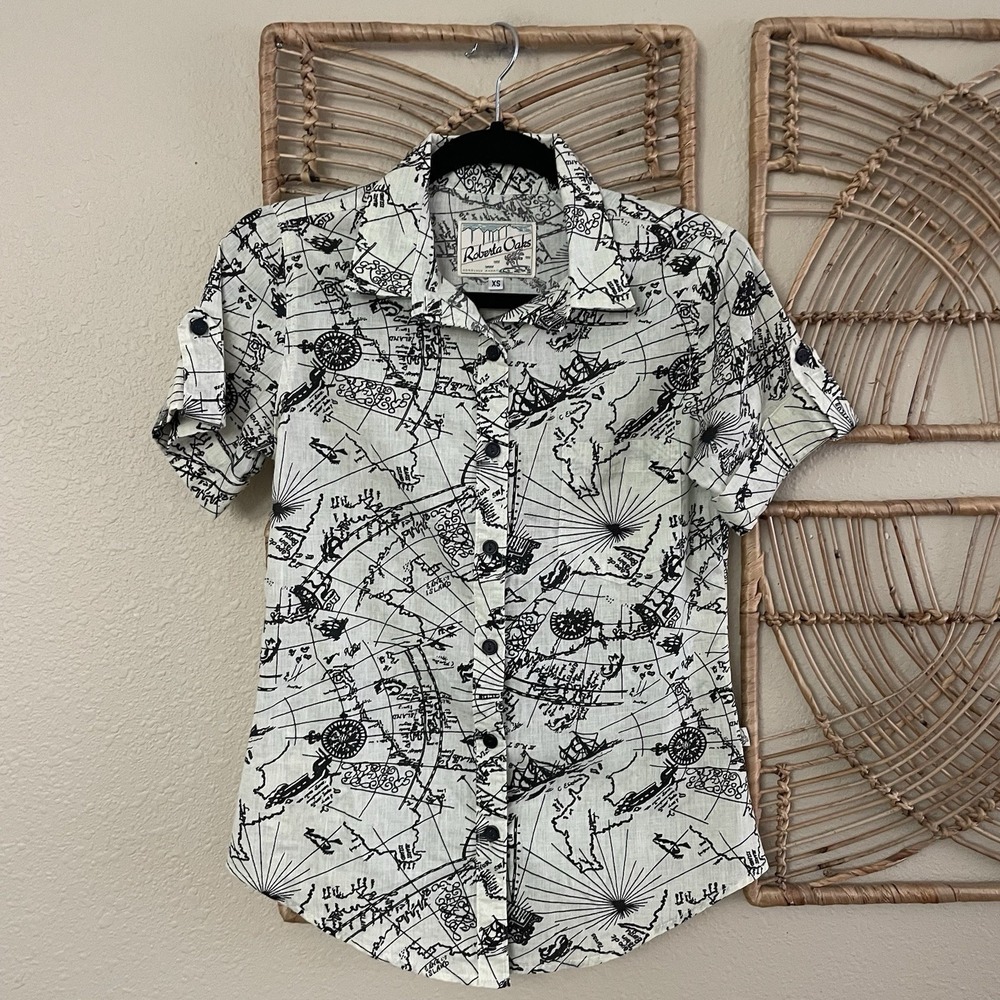 Roberta Oaks Button Down Shirt Nautical Print Map Hawaii Womens Sz XS B1